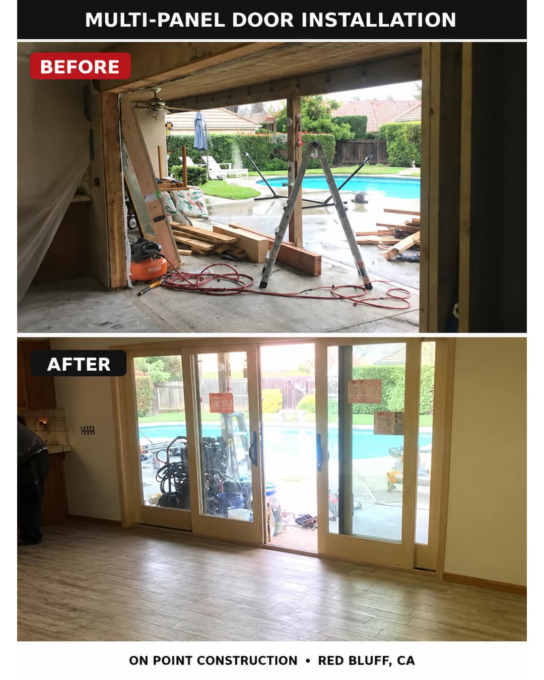 Before and after multi-panel door installation by On Point Construction