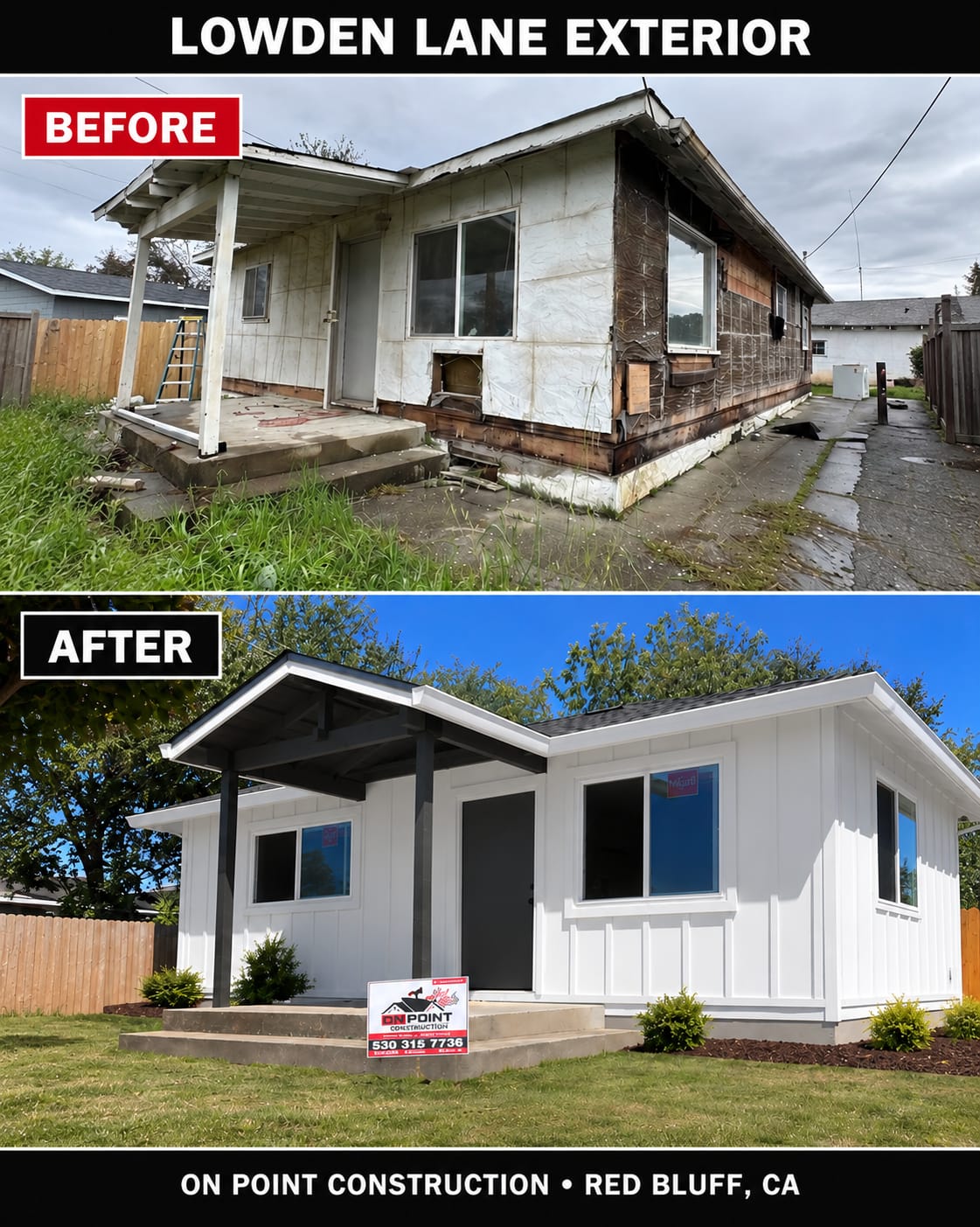 Before and after dry rot and termite damage repair with new siding and covered porch in Redding, California