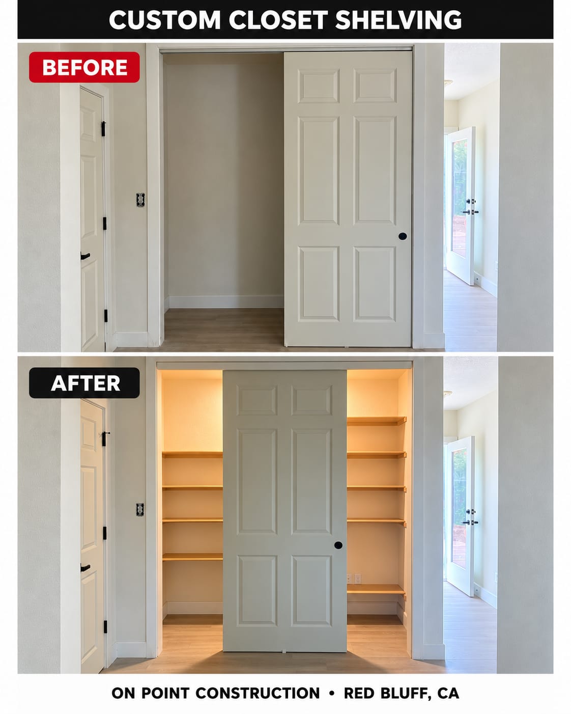 Before and after custom closet shelving installation, showing an empty closet transformed with fitted wood storage shelves behind sliding doors.