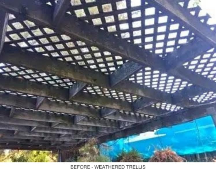 Before view of a weathered outdoor trellis with worn lattice overhead